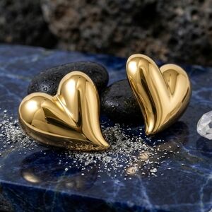18K Gold Plated Stainless Steel Puffy Heart Bold Chunky Stud Earrings